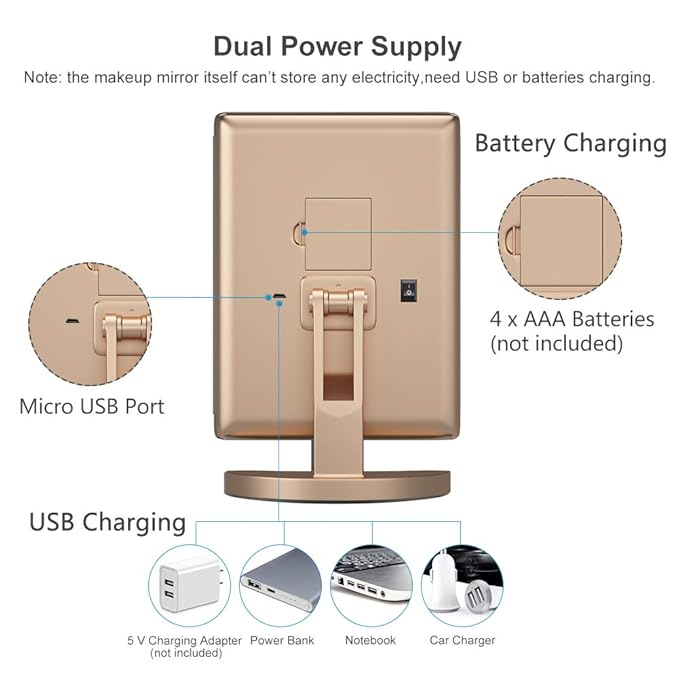 WEILY Makeup Mirror with 21 LED Lights,Two Power Supply Modes, Adjustable Touch Screen and 1x/2x/3x Magnification Tri-Fold Vanity Mirror,Chargeable Travel Cosmetic Mirror for Desktop(Gold)