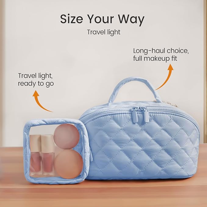Toiletry Bag for Women, Travel Makeup Bag Flat Lay Open, Wide Open Lay-Flat Water-Resistant Large Cosmetic Case, Puffy Padded Travel Organizer for Toiletries & Brushes Large Capacity with Compartments