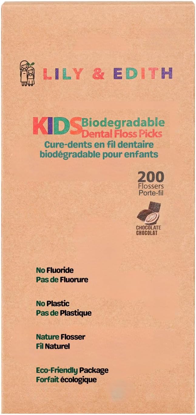 LILY & EDITH Kids Plant Based Dental Floss Picks 200 Counts, Fluoride Free, Corn Starch Material, Chemical Free, Fun Animal Flossing Sticks, Ultra Sturdy Thread, Zero Waste Package (Chocolate)