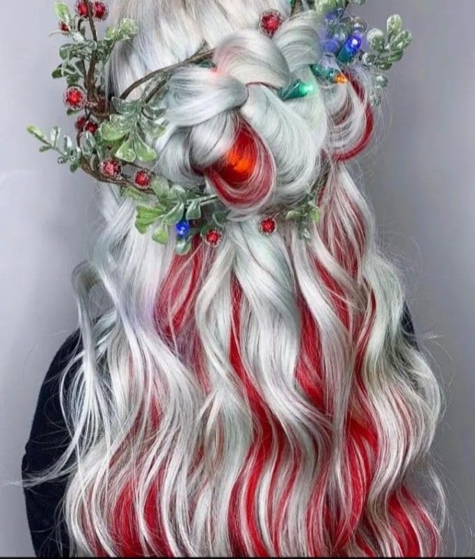 Colored Hair Extensions 10 PCS, Colorful Party Highlights Clip in Long Synthetic Hairpieces, Red and Green Hair Extensions for Girls Women Kids Cosplay Gifts 22 Inch