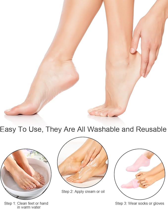 2 Pairs Silicone Moisturizing Glove Socks Set, Anti Slip Soft Spa Gel Socks Softening Feet Dry Cracked Skin, Women Spa Pedicure Socks for Foot Hand Softening, Foot Care After Pedicure (White)