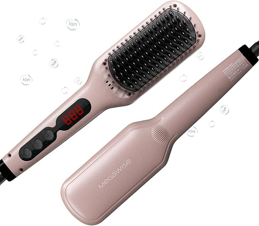 MEGAWISE Pro Ceramic Ionic Hair Straightener Brush for Home Salon | MCH Fast 20s Heating Tech with Auto-Off Safety | Anti-Scald with Universal Dual Voltage | Rotatable Power Cord (Rose Gold)