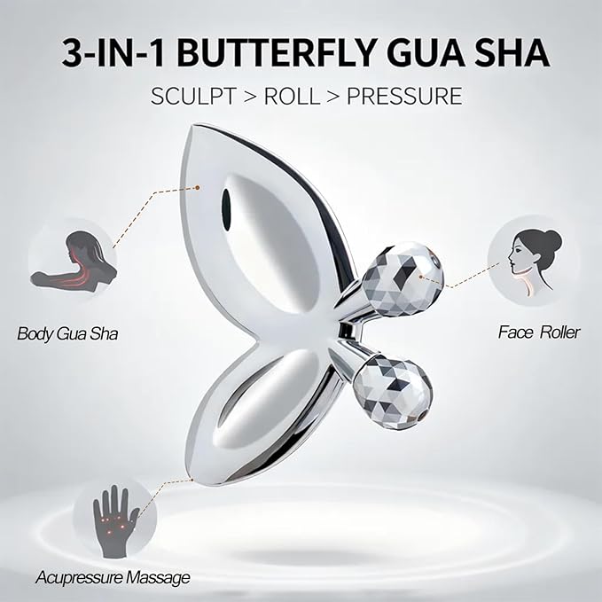 ANPODE Stainless Steel Gua Sha Facial Tools,3D Butterfly Facial Roller for Women,2-in-1 Guasha Tool for Face Eye Skin Tightening,Body Gua Sha Tool for Lymphatic Drainage&Acupressure,TMJ Relief Tool