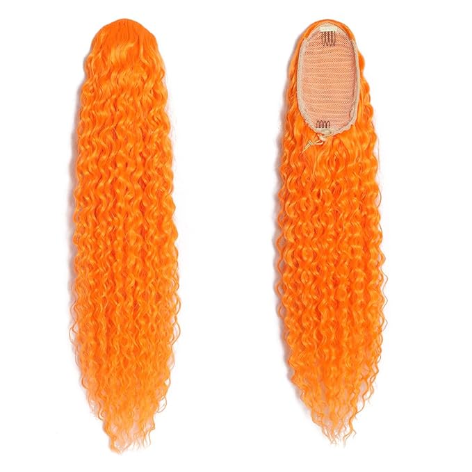 2 Pcs Deep Wave Ponytail Extension for Women 24 Inch Curly Wavy Ponytail Hair Extensions Drawstring Ponytail with Clips Long Synthetic Hairpiece for Daily and Party (Red&Orange)
