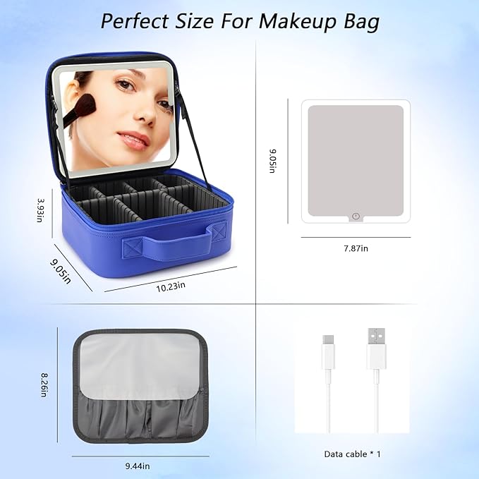 SLUMAZI Travel Makeup Bag with LED Mirror Travel Makeup Organizer with 3 Lighted Settings, Adjustable Dividers and Makeup Brush Storage Bag Dark Blue