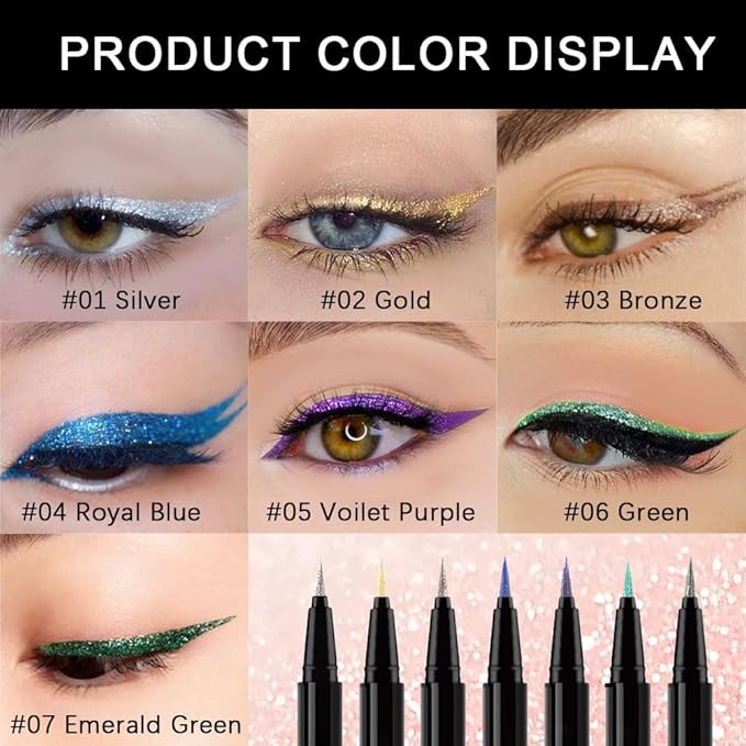Green Metallic Glitter Liquid Eyeliner Pen – Long-Lasting Sparkly Waterproof Eyeliner for Women & Men – Tattoo-Effect Eye Makeup for Parties – Delineador Líquido con Brillo 06