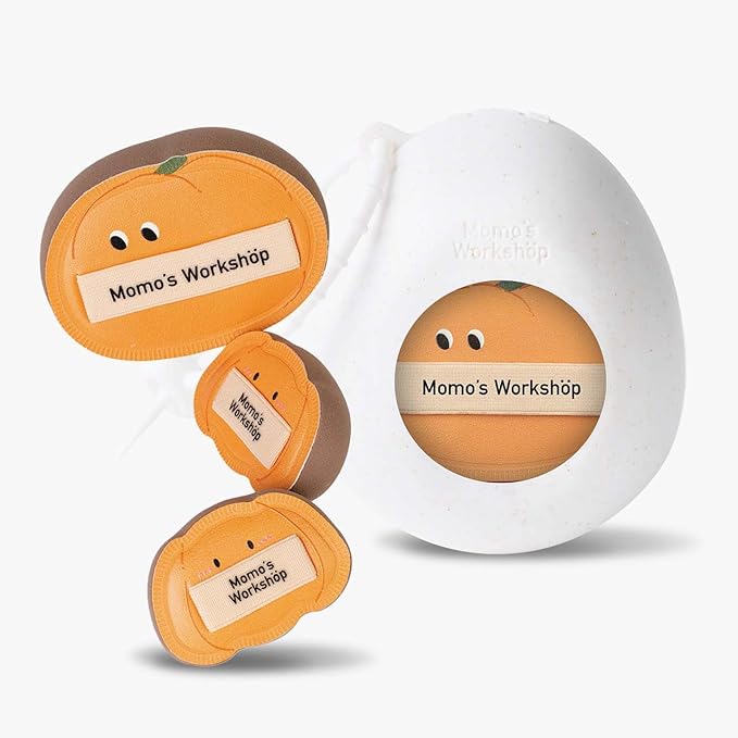 Momo's Workshop Cute Pumpkin Makeup Sponge 3-Pack, High-Density Rubycell for Cream Skin Finish, 1 Large + 2 Mini for Foundation & Concealer, Soft & Elastic for Dry Skin,Travel-Friendly