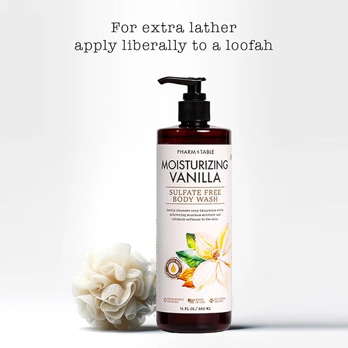 PHARM TO TABLE Moisturizing Vanilla Body Wash for Women and Men - Moisturizes and Softens the Skin, Sulfate Free, 100% Cruelty Free, 480ml
