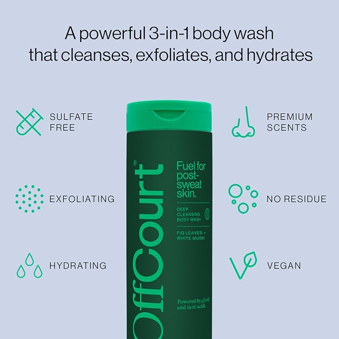 OffCourt Sulfate-Free Body Wash for Men & Women - Non-Drying Exfoliator with Glycolic & Lactic Acids Leaves Skin Fresh & Smooth with Fig Leaves and White Musk Scent, 14 Fl. Oz (Pack of 1)