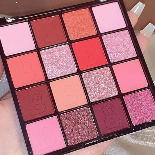 16 Colors Pink Matte Glitter Metallic Eye Shadow Palette, Korean Eyeshadow Palette Makeup, Pigmented Red Eyeshadow Kit for Halloween Parties, Joker Vampire Clown Makeup