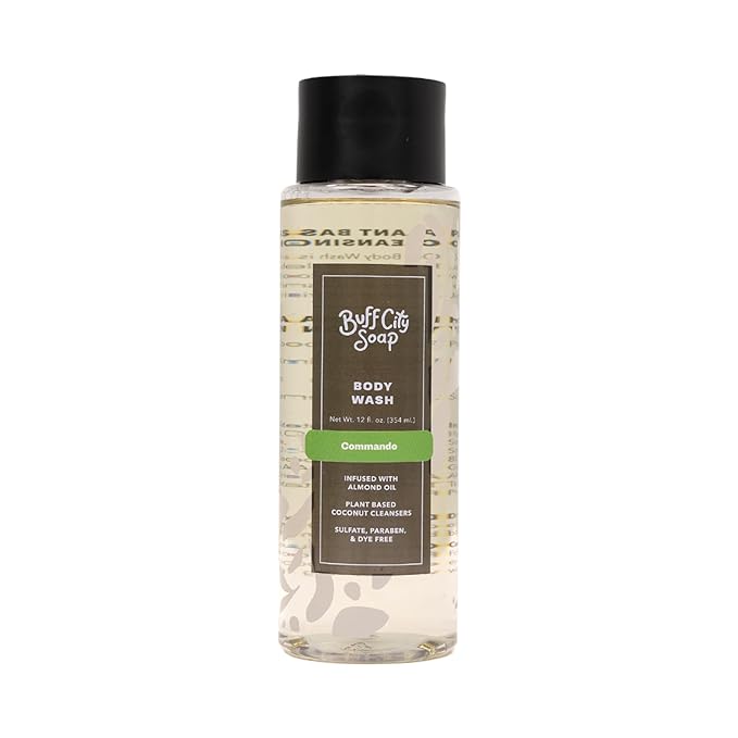 Buff City Soap Plant-Based Body Wash - Gentle Cleansing Body Wash, Coconut Cleansers Infused with Almond Oil, Dermatologist Tested, Rich Lather, Non-Drying for Women and Men - Commando, 12 fl oz