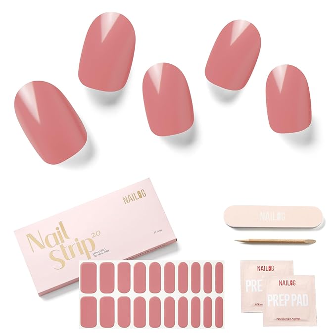 NAILOG Semi Cured Gel Nail Strips, 20 Pcs Pink Long Lasting Stickers Extra Long Nail Wraps with Glossy Gel Finishing for Spring Summer, Roselyn