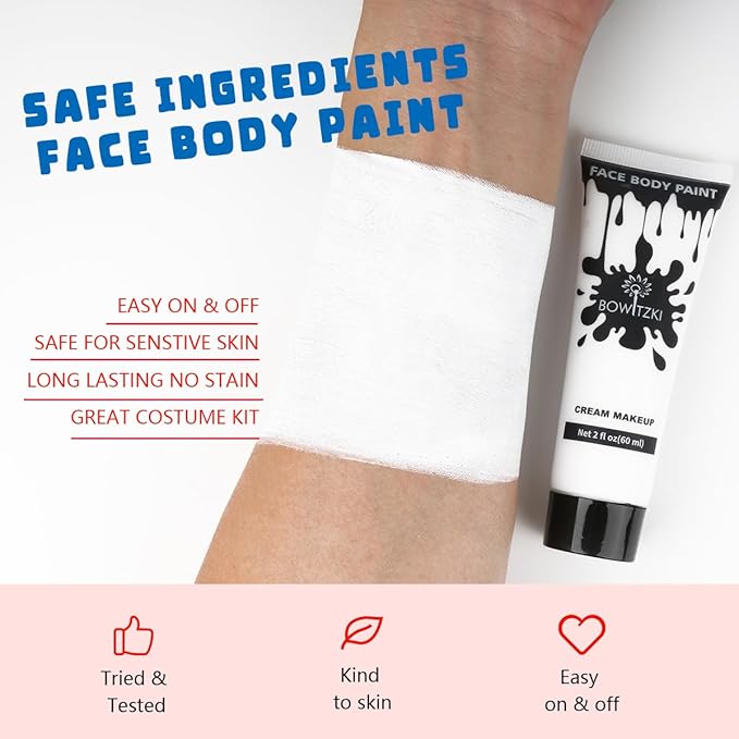 Bowitzki Face and Body Paint 2oz Cream Makeup 60ml Water Based Face Painting Special Effects For Adults Halloween Christmas Party Stage Cosplay (White)