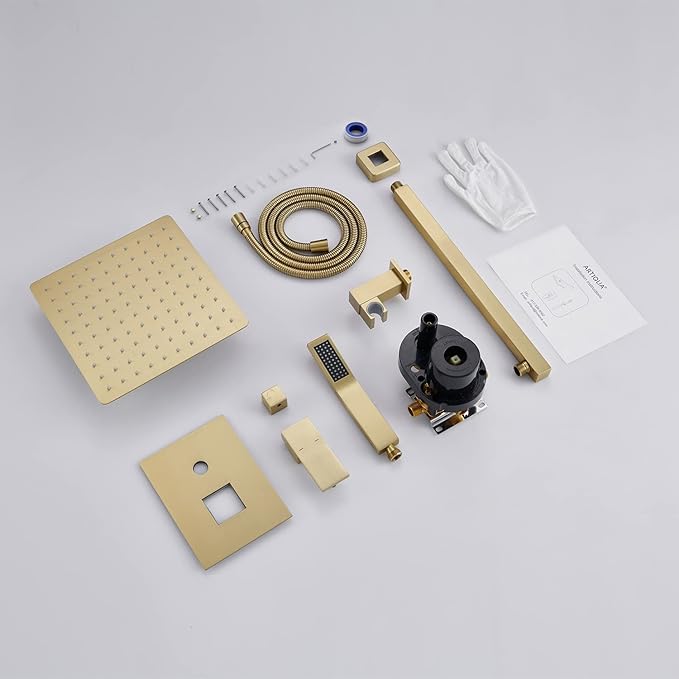 Artiqua Shower System 10 Inches Rain Shower Combo Set Brushed Gold Wall Mount Faucet Bathroom Faucets with Rainfall Shower Head and Hand Shower