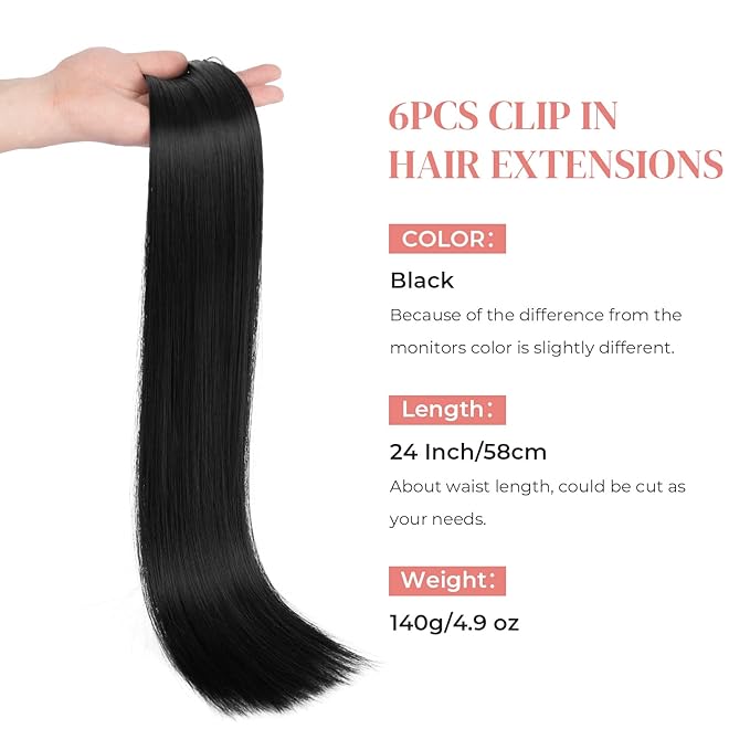 LONAI Clip in hair extensions 6PCS Straight 24" Hair Extensions for Women，Heat Resistant Synthetic Hairpiece-Black