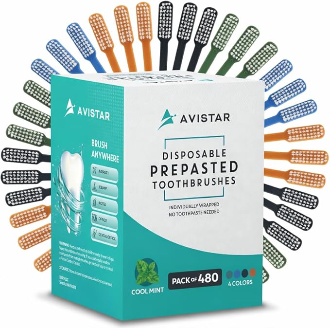 Avistar 480 Prepasted Disposable Toothbrushes Individually Wrapped - Single Use Pre Pasted Disposable Toothbrushes with Toothpaste Built in - Waterless Toothbrush for Travel, Guests, Hotel, & Camping