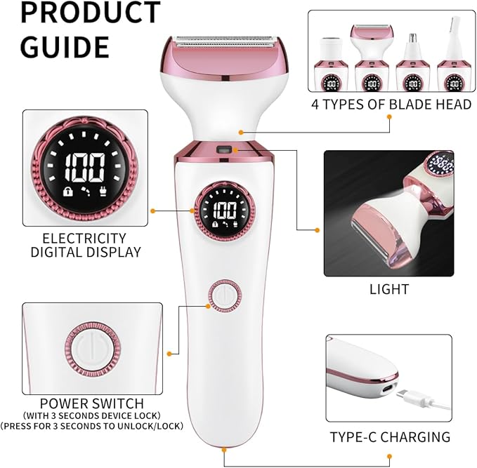 4-in-1 Electric Razor & Bikini Trimmer for Women - Rechargeable Wet/Dry Body Shaver for Face, Legs, Underarms, Pubic Hair, IPX6 Waterproof with LED Light & Travel Lock