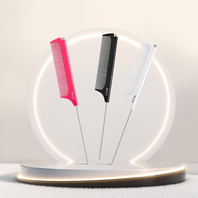 RHOS Carbon Retractable Rat Tail Comb for Parting and Styling, Hair Cutting and Braiding - Stainless Steel Pin Tail Comb, Black