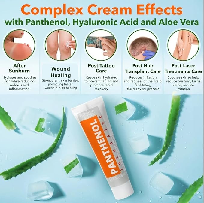 9% Intensive Panthenol Cream with Aloe Vera & Hyaluronic Acid | Deep Moisturizing, After Sun & Tattoo Care, Hair Transplant for All Skin Types, 3.4 Oz/ 100 ml