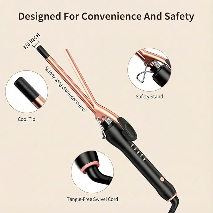 3/8 Inch Small Curling Iron Wand for Short & Long Hair, Ceramic Small Barrel Curling Iron 9mm Thin Curling Wand for Tight Curls with 5 Adjustable Temperature, Heat Resistant Glove Included
