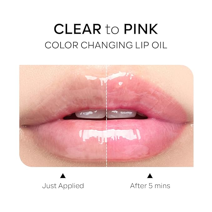 Magic Color Changing Lip Oil, Ph Temperture Change Hydrating Plumping Moisturizing Lip Oil Gloss, Smooth Lip Lines Plump Lip,Transparent Plumping Clear Glossy Balm Care 0.2Fl oz #Clear To Pink