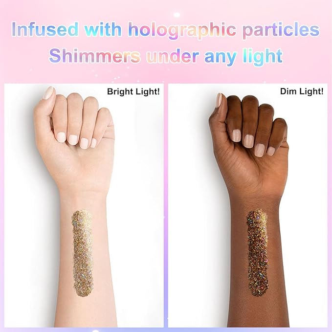 Roll-on Holographic Glitter Gel for Face & Hair, Sparkling Pink Shimmer Makeup, Color Changing Body Glitter for Festivals, Parties & Halloween, Chunky Mermaid Sequins Body Shimmer for Women(Champagne)