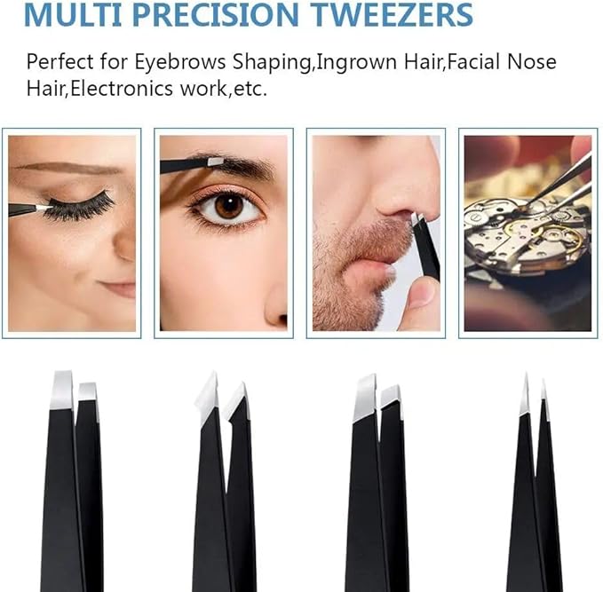 UM Supplies Tweezers Set 4 in 1 Pack l Professional Stainless Steel Tweezers for Eyebrows l Great Precision for Facial Hair, Splinter and Ingrown Hair Removal (Black)