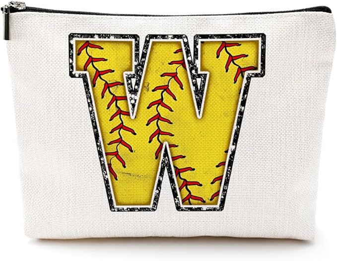 CQM Softball Gifts Initial Makeup Bag Monogrammed Cosmetic Bag Yellow Letter W Zipper Pouch Softball Accessories for Girls Women Player Coaches Friend Graduation Birthday Gifts