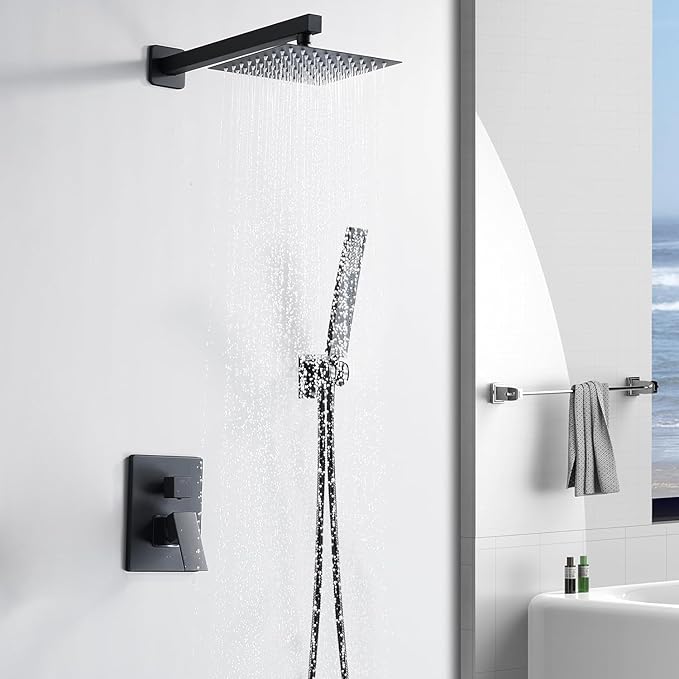 RTTWYYUU Matte Black Shower Head and Handle Set 10 Inch, Rain Shower Head with 2 Hooks, Luxury Rain Shower Set Square Wall Mount for Bathroom with Rain Shower and Handheld Shower System