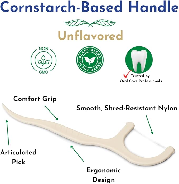 Dental Herb Company Biodegradable Dental Floss Picks, 200 Count (4×50) - Unflavored, Plant-Based, Plastic-Free & BPA-Free Tooth Flossers, Vegan & Eco-Friendly Oral Care