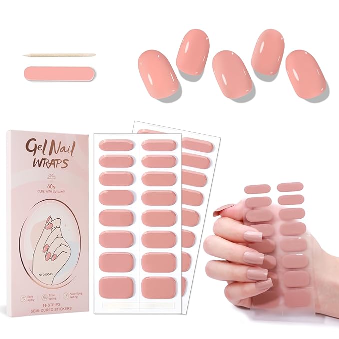 WOKOTO 2 Sheets Semi Cured Gel Nail Strips (Beige)-16 Pcs Per Sheet Gel Nail Stickers | Gel Nail Wraps | Uv Light Required, Salon Quality, Real Nail Polish Strips Stick On Nails Kit With Nail File