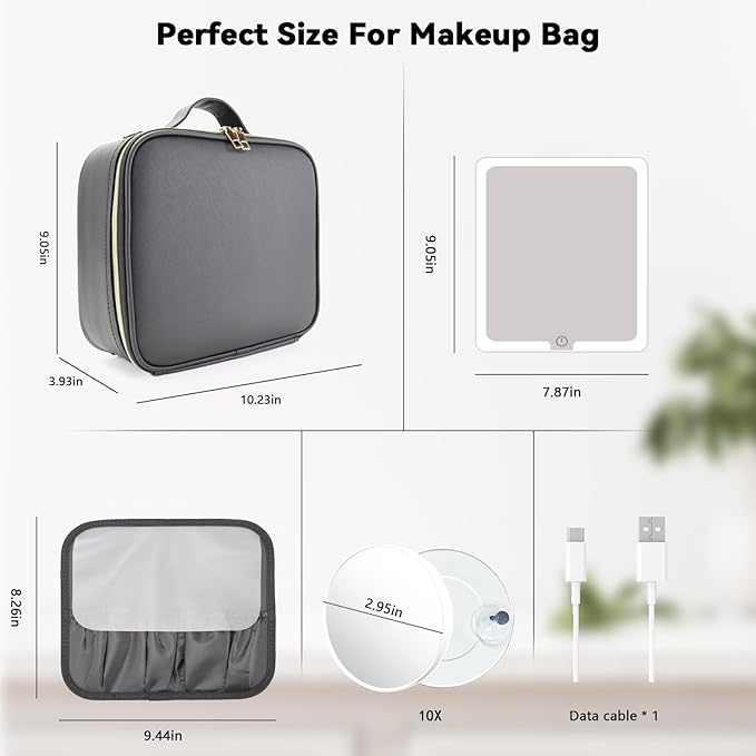 SLUMAZI Travel Makeup Bag with LED Mirror and 10x magnifying glass with 3 Lighted Settings, Adjustable Dividers and Makeup Brush Storage Bag Black
