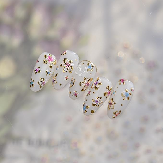 Flower Nail Stickers 5D Embossed Nail Art Stickers Decals with Gold Daisy Floral Design Nail Stickers for Spring Nail Art Self-Adhesive Nail Supplies for Women Manicure Decorations