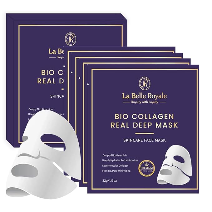 La Belle Royale - Bio Collagen Face Mask – Real Deep Hydrating & Anti-Aging Overnight Korean Sheet Mask with Hyaluronic Acid for Glowing, Pore Minimizing Skin - 4 Pack for Women & All Skin Types