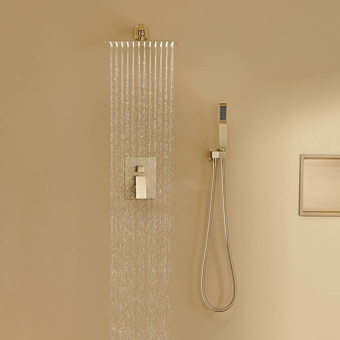 Artiqua Rain Shower System 12 Inches Shower Combo Set Brushed Gold Wall Mount Faucet Bathroom Faucets with Rainfall Shower Head and Hand Shower