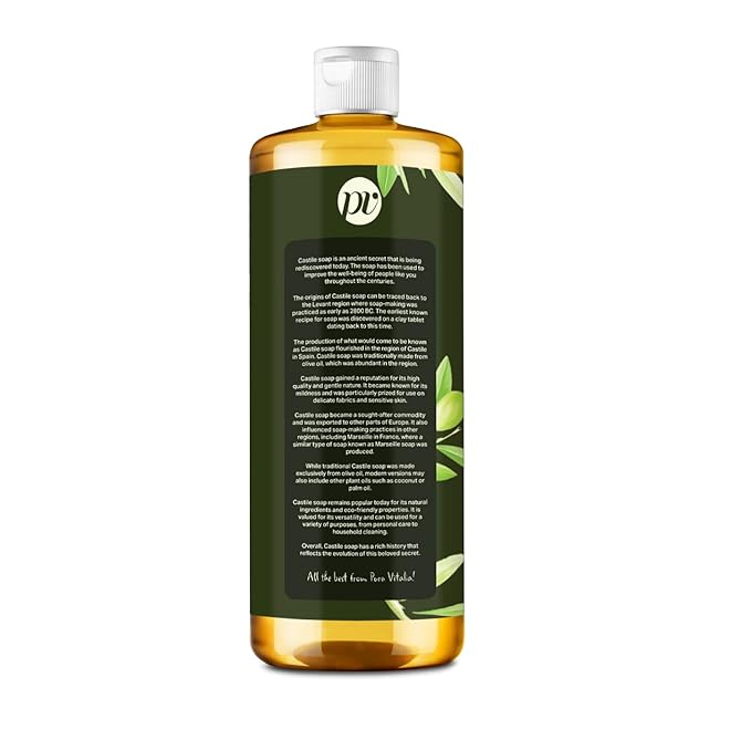 Pura Vitalia Unscented Organic Castile Soap | Body Wash & Cleanser for Face & Hands | Biodegradable, Eco-Friendly, Palm Oil Free, Vegan & Gentle | Made with 6 Natural Ingredients | 32 oz