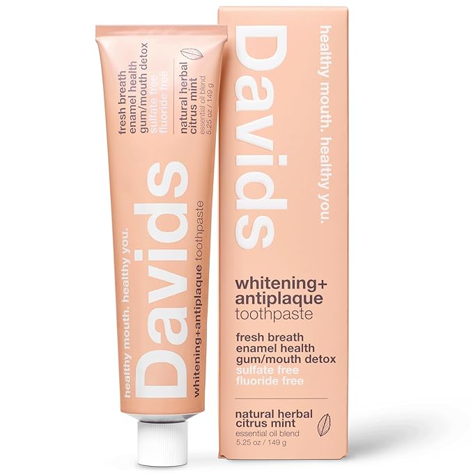 Davids Fluoride Free Toothpaste, Teeth Whitening, Antiplaque, SLS (Sulfate) Free, Promotes Enamel Health, Mouth & Gum Detox, EWG Verified, Natural Herbal Citrus Mint, 5.25oz