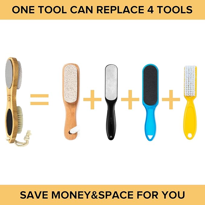 ICDI ICANdOIT Natural Bamboo Foot File Callus Remover-Multi Purpose 4 in 1 Feet Pedicure Kit with Foot Care Boar Bristle Brush,Pumice Stone,Foot Rasp,Sand Paper