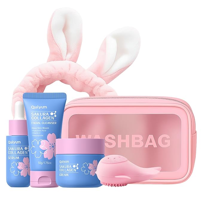 Sakura Collagen Skin Care Set - 5pcs Skincare with Facial Cleanser, Serum, Cream, Pink Facial Brush, Bunny Hair Band & Makeup Bag, Deep Cleansing, Hydrating, Firming, Even Tone, Radiance