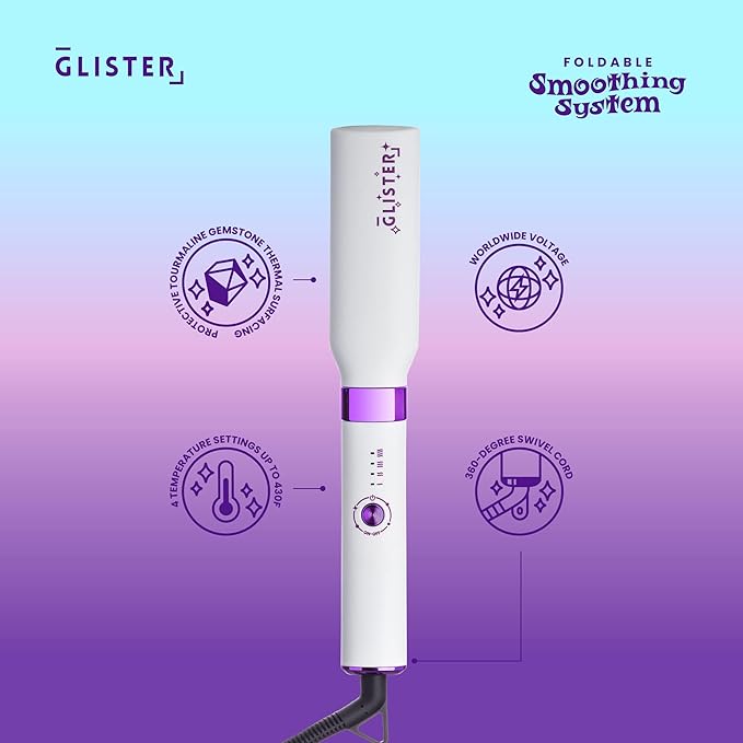 Glister Folding Hair Straightener Brush, Hair Brush for Straightening, Volumizer, Fringe Curler, Styling Comb with Adjustable Temperature - Coconut Ice (White)