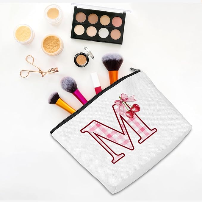 CQM Initial Makeup Bag Monogram Cosmetic Bag Monogrammed Gifts for Women Girls Friends Coworker Employee Personalized Travel Toiletry Bag Christmas Bridal Shower Wedding Bridesmaid Gifts, Cherry M
