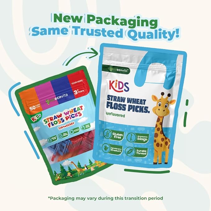 Kids Flossers - Straw Wheat Handle | Dental Floss Picks for Children | Fluoride-Free | Colorful & Fun Animal Floss Sticks (Unflavored, 200 Pack)