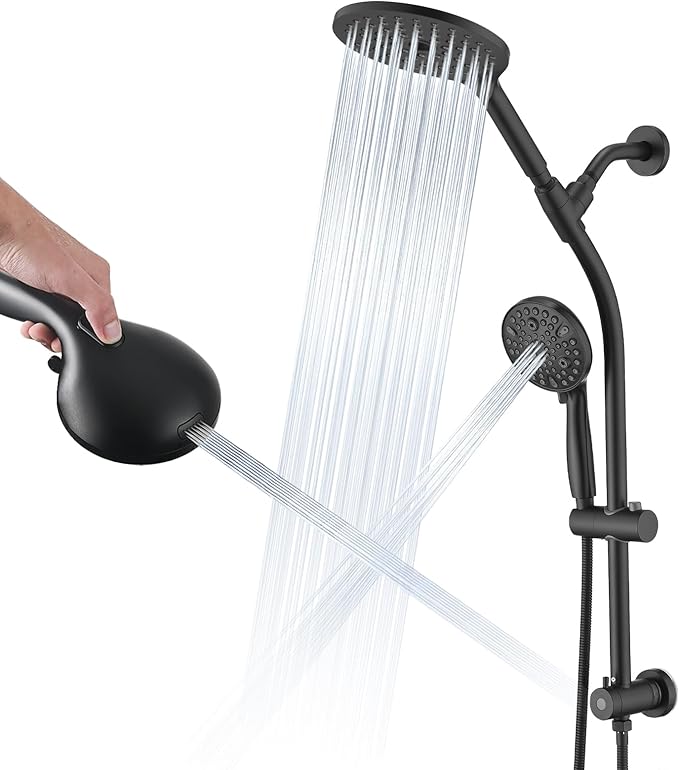 UCLIMAA High Pressure Shower Head with Handheld Shower, 26" Adjustable Height Drill-Free Slide Bar, 3-Way Diverter for Easy Reach, Dual Shower Head Combo Set with 5ft Hose - Matte Black