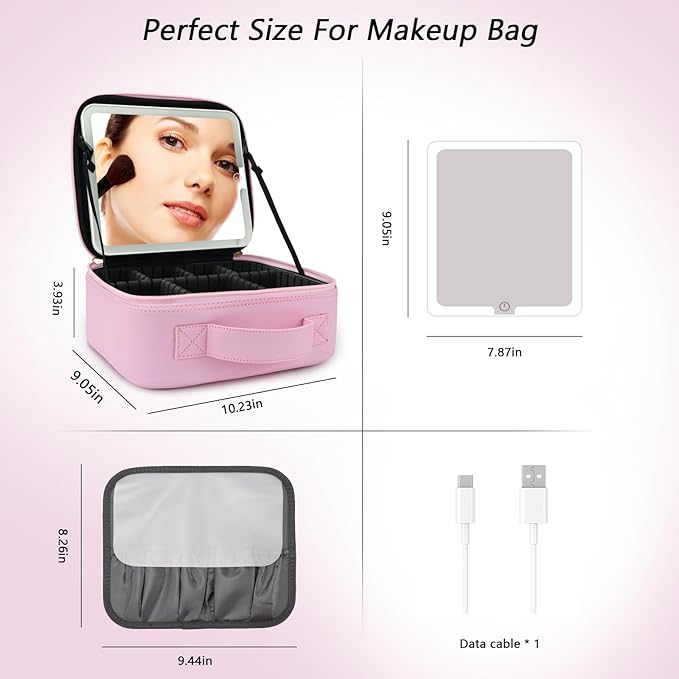 SLUMAZI Travel Makeup Bag with LED Mirror Travel Makeup Organizer with 3 Lighted Settings, Adjustable Dividers and Makeup Brush Storage Bag Light Pink