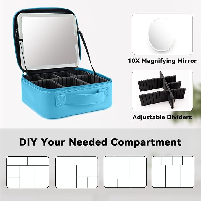 SLUMAZI Travel Makeup Bag with LED Mirror and 10x magnifying glass with 3 Lighted Settings, Adjustable Dividers and Makeup Brush Storage Bag Blue