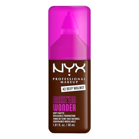 NYX PROFESSIONAL MAKEUP Make 'Em Wonder Liquid Foundation, 24HR Foundation Makeup With A Soft Matte Finish, Buildable Full Coverage - 42 Deep Walnut