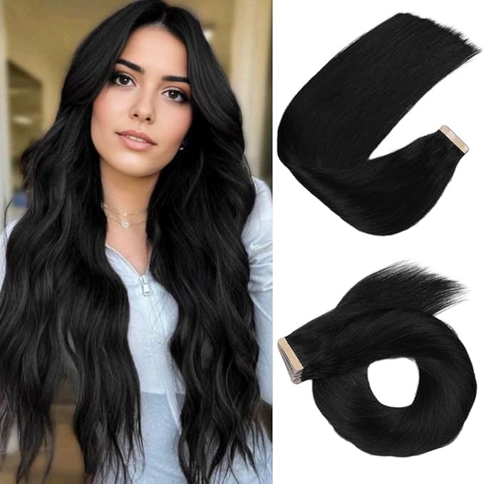 Human Hair Tape in Extensions Jet Black 20pcs Seamless Skin Weft Tape in Hair Extensions 24 Inch Straight Double Sided Remy Invisible Tape in Hair Extensions Human Hair (1#,24 Inch)