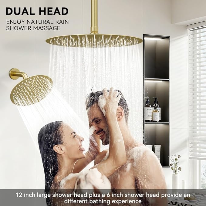 Shower Systems Shower Faucet Sets STARBATH 3 Way 12+6" Round Dual Rainfall Shower Head with Handheld Spray Combo, Ceiling Mounted Rain Shower Valve with 5 Diverter and Trim Kit Complete, Brushed Gold