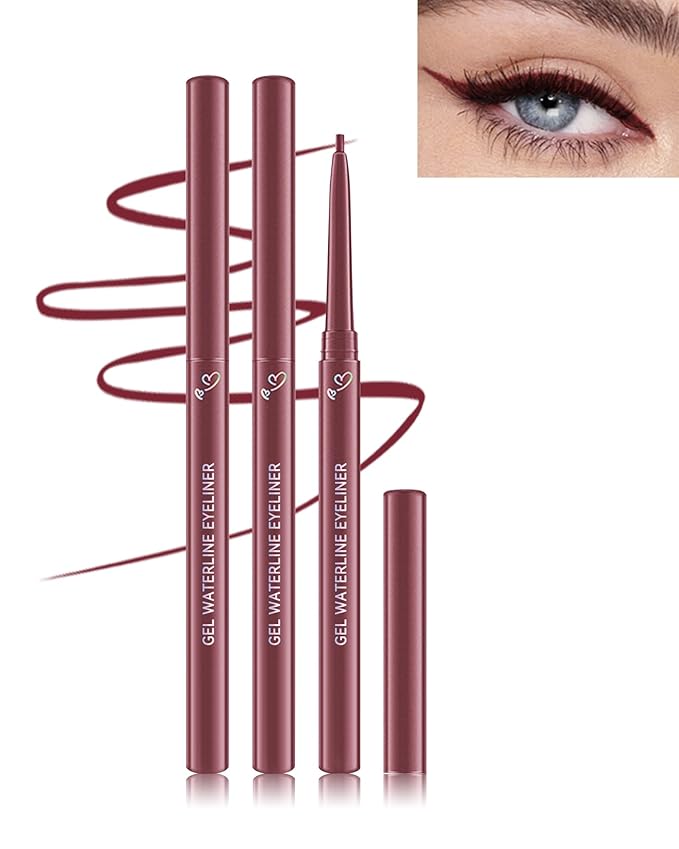 Burgundy Gel Waterline Eyeliner, Glides on Smooth Eyeliner Pencil, Matte Cream Soft Texture, Waterproof Smudge-Proof Long Wear Eye Liner Pen, High Pigment Colorful Eye Liner Makeup for Women-04(2Pcs)