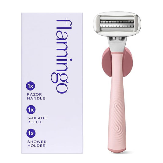 Flamingo Razors for Women, 1 Razor (Rose) Handle, 1 Razor Blade Refill, and 1 Shower Holder